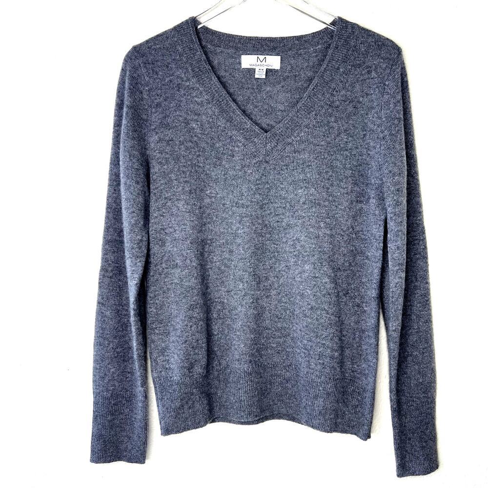 M Magaschoni 100% Cashmere Knit Sweater V Neck Pullover Solid Gray Medium